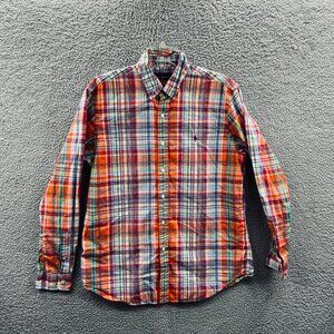 Polo Ralph Lauren Men Shirt Large Orange Red Plaid 100% Cotton Button Front